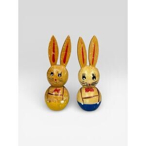 2 Vintage Wooden Bunny Rabbits Easter Spring Time Animals - As Is